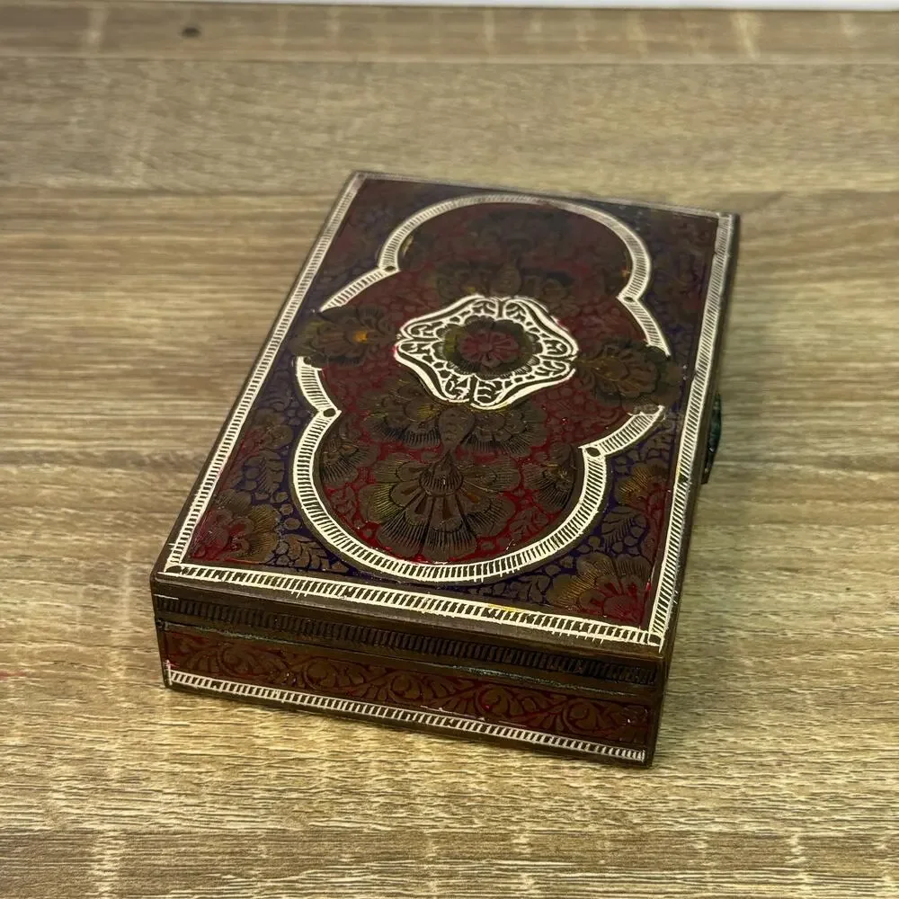 Vintage Brass Cigarette Holder Intricate Ornate Trinket Box Wood Lined
